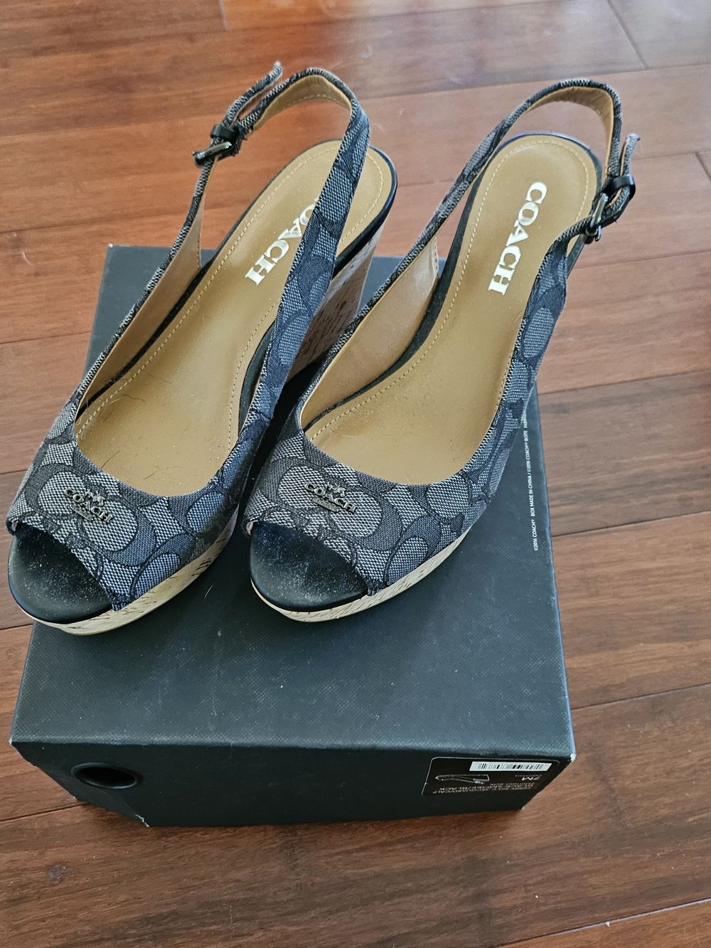 Coach Black/Gray Signature Peep-Toe Slingback Wedges